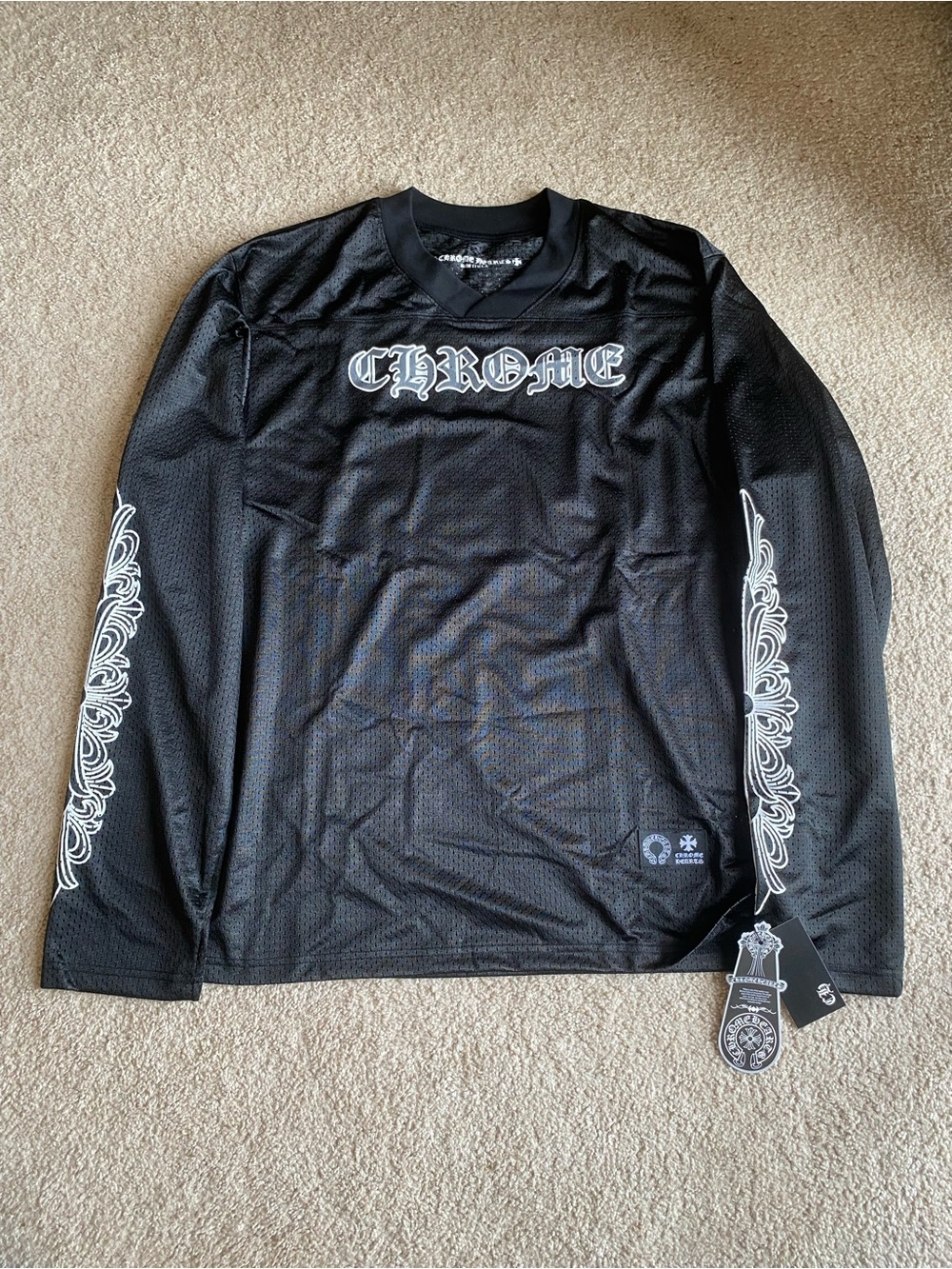 Chrome Hearts Black Long Sleeve Mesh Jersey with White Sleeve Graphics